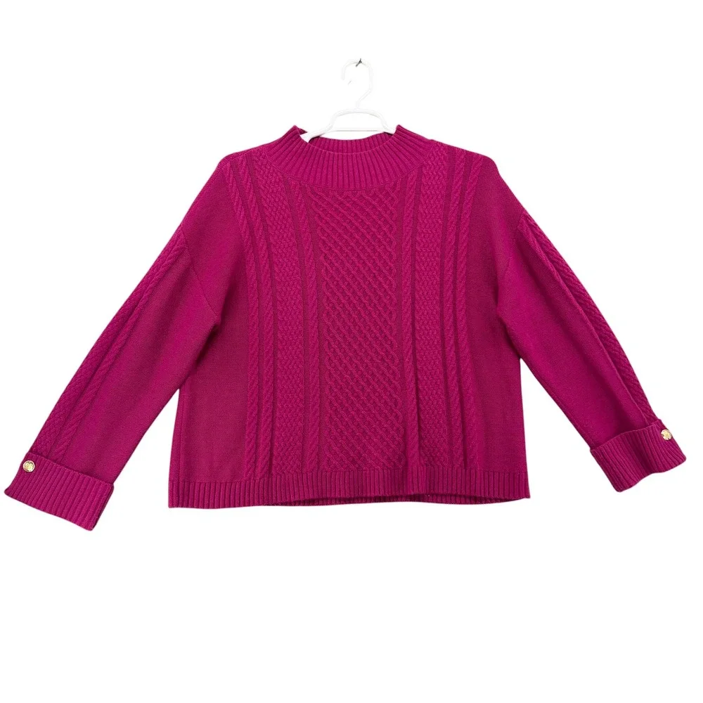 Talbots Womens XL Magenta Cable Knit Mock Neck Sweater Gold Button Cuffs